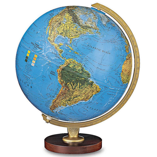 Full studio profile shot of the Replogle Livingston globe against a white background, showing the wood base and gold meridian.
