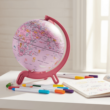 Giacomino pink globe sitting on a child's desk next to markers and a notebook.