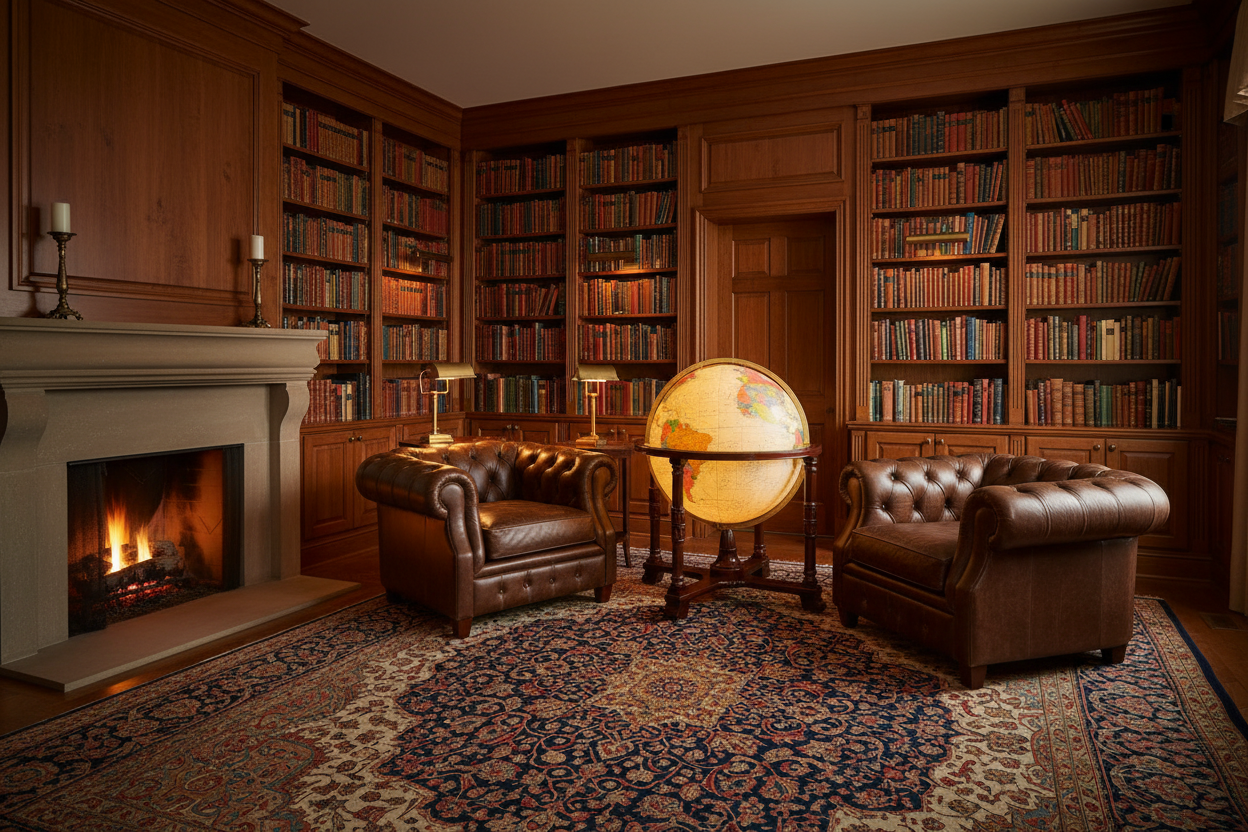 A wide-angle view of a luxurious home library featuring a large illuminated floor standing globe as the central sophisticated focal point.