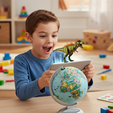 Child engaging with the Replogle Globe 4 Kids using a tablet for Augmented Reality.