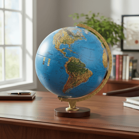Replogle Livingston 12-inch desktop globe on a walnut desk in daylight, showing the blue ocean physical map and raised relief details.