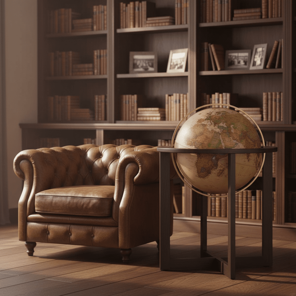 Waypoint San Marino 20-inch globe standing next to a leather chesterfield chair in a library.