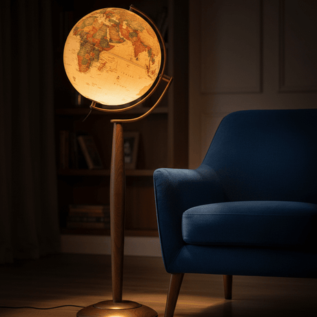 Waypoint Lyon globe illuminated in a cozy living room at night.